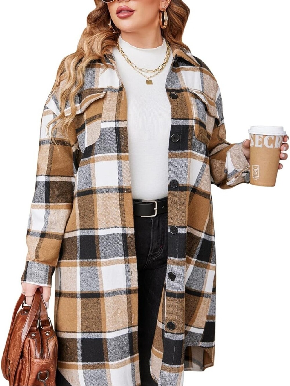 Plaid Button-Front Utility Shacket in Tan Black White